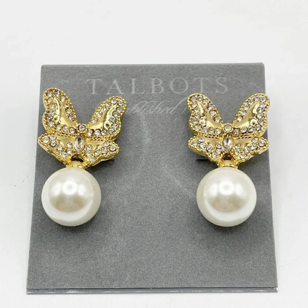 NWT Talbots Gold Pave Butterfly Round Pearl Drop Pierced Earrings